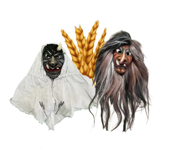Masken von Mühlengeist und Schlosshexe mit Getreideähren (freigestellt)